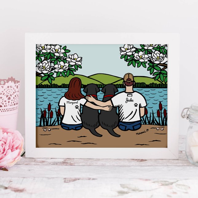 Personalised Black Labrador Family Brown Long  Poster (Personalized Family Portrait for Black Labrador Owners.  Two Black Lab and their Parents.)