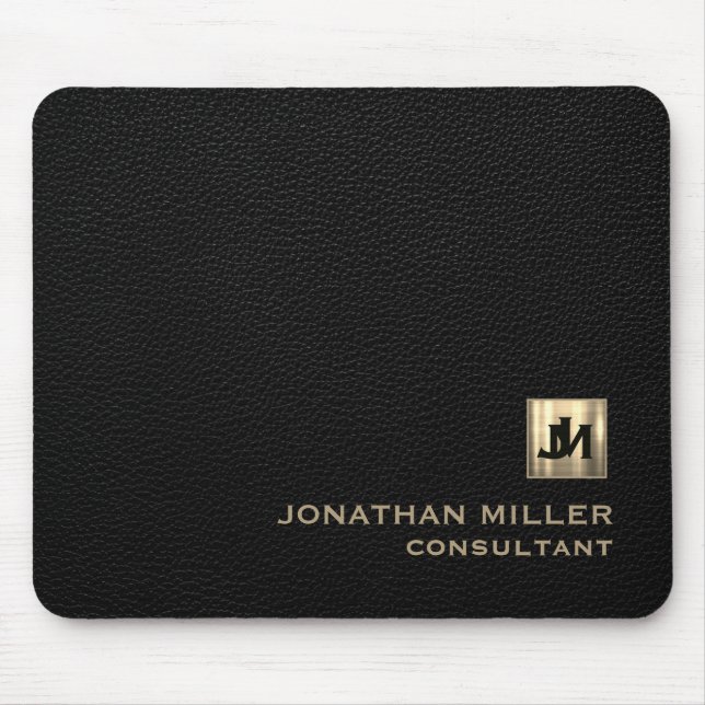 Personalised Black Leather Print Gold Monogram Mouse Pad (Front)
