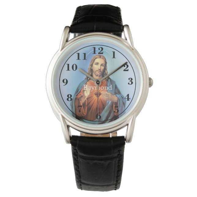 Personalised Black Leather Strap Watch/Jesus Watch (Front)
