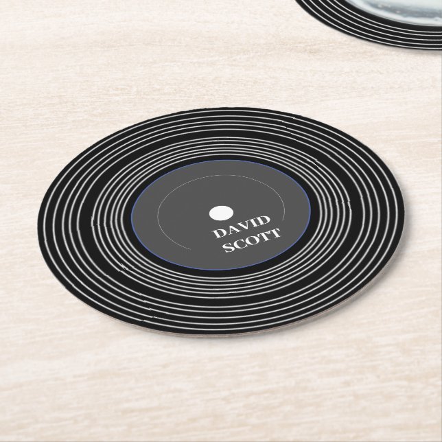 Personalised black Lp vinyl Round Paper Coaster (Angled)