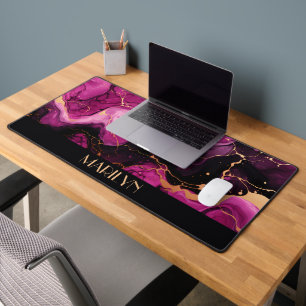 Personalised Black, Magenta, and Gold Pour Ink Desk Mat