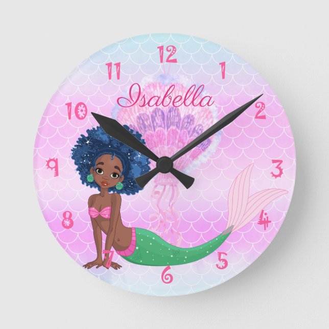 Personalised Black Mermaid  Round Clock (Front)