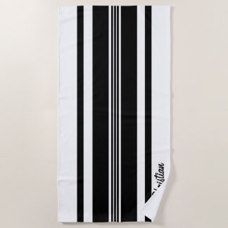 Personalised Black Modern Racing Stripes Beach Towel