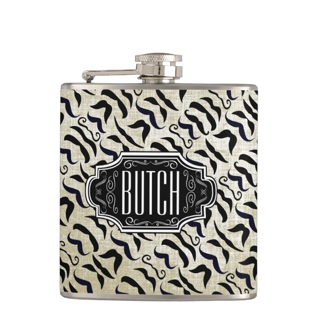 Personalised Black Moustache Pattern Hip Flask (Front)