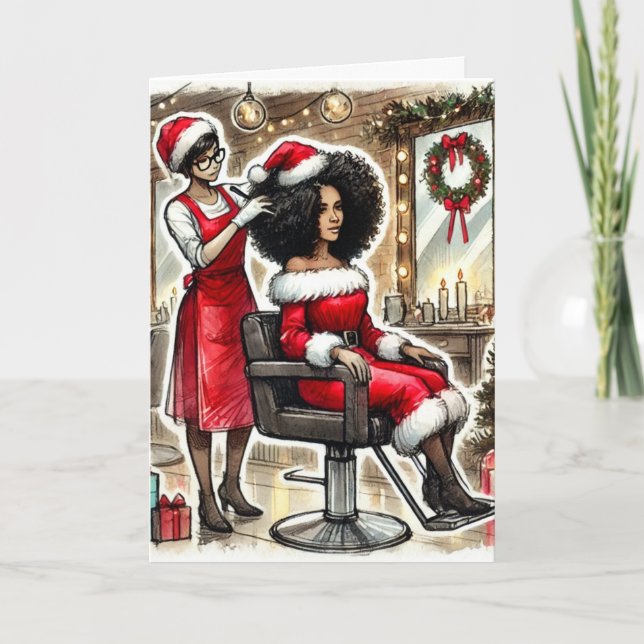 Personalised Black Mrs. Claus Getting her hair  Holiday Card (Front)