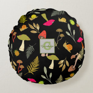 Personalised Black Mushroom Botanical Round Pillow