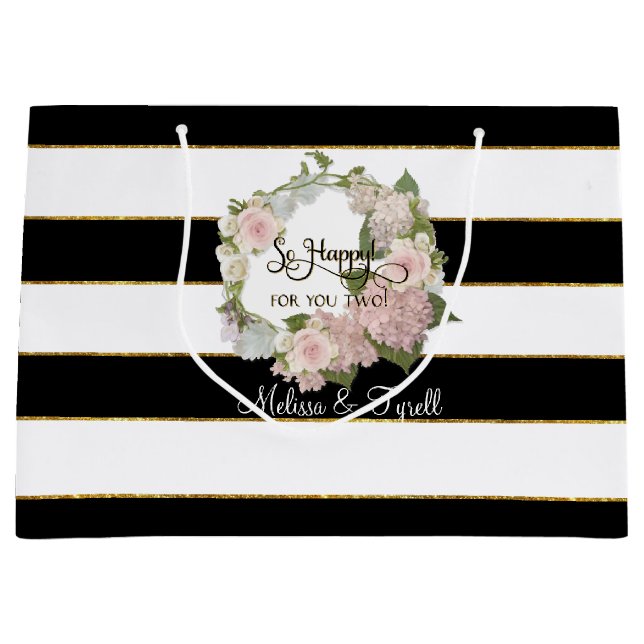 Personalised Black n White Striped Rose Hydrangeas Large Gift Bag (Front)