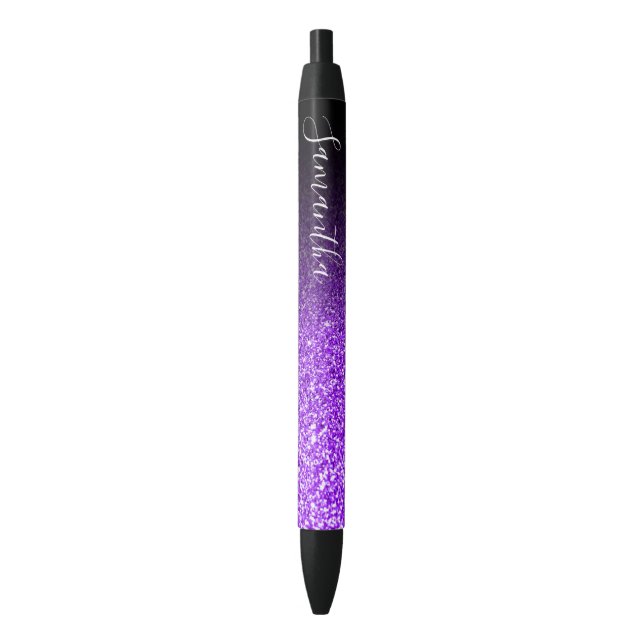 Personalised Black Ombre Faux Violet Glitter Ink Pen (Front Vertical)