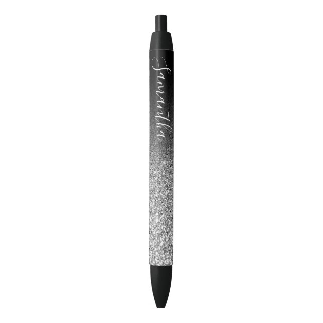 Personalised Black Ombre Silver Glitter Black Ink Pen (Front Vertical)