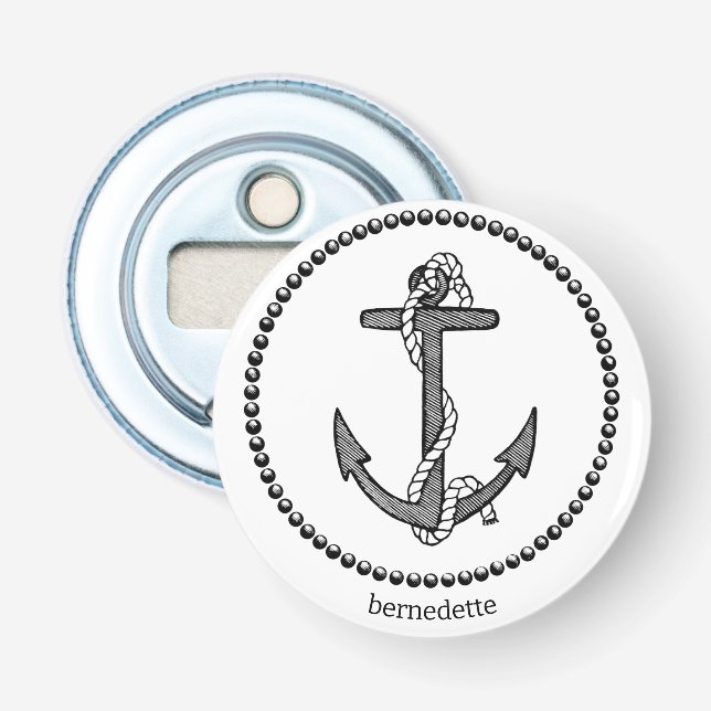 Personalised Black on White Ship's Anchor Bottle Opener (Front)