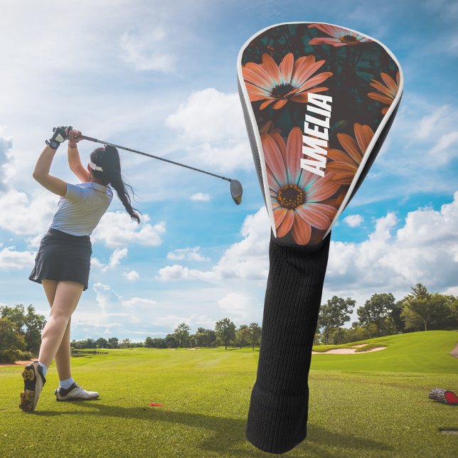 Personalised  Black Orange Floral Monogrammed Golf Head Cover (Creator Uploaded)