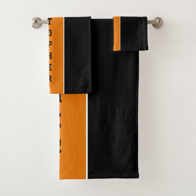 Personalised Black Orange Stripe Bath Towel Set (Insitu)