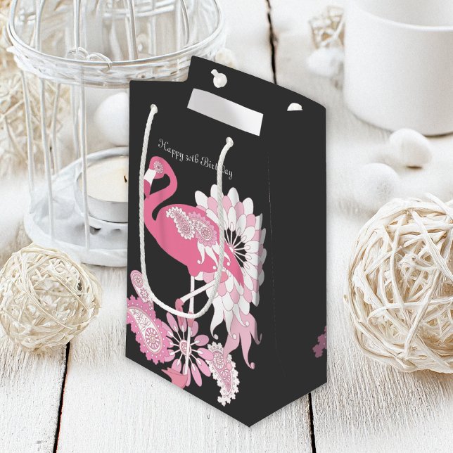 Personalised Black Paisley Pink Flamingo Birthday Small Gift Bag (Creator Uploaded)