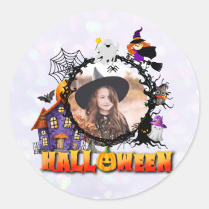 Personalised Black Photo Frame Halloween Night Classic Round Sticker