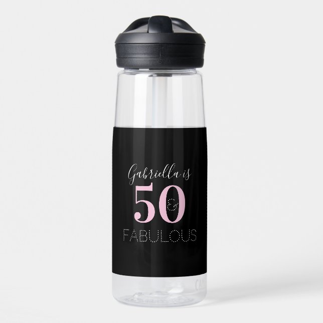 Personalised Black Pink 50th Birthday Party Favour Water Bottle (Front)