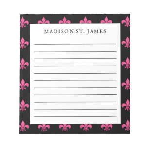 Personalised Black Pink Fleur De Lis Pattern Lined Notepad