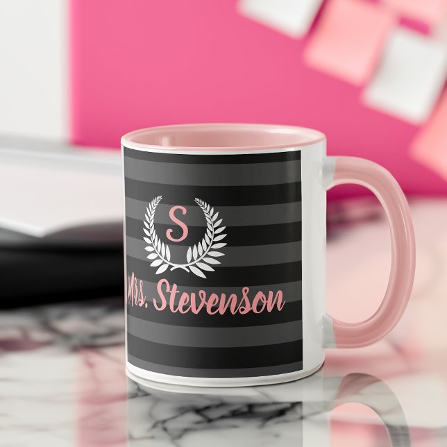 Personalised Black Pink Laurel Monogram Womens Mug (custom personalized teacher appreciation mug gift)
