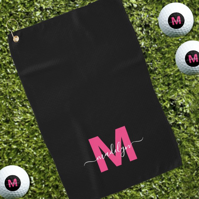 Personalised Black Pink Monogram Golf Towel (Black Pink Initial Name Monogram Golf Towel)