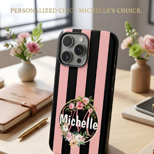 Personalised Black Pink Striped Floral Custom Name iPhone 16 Pro Max Case