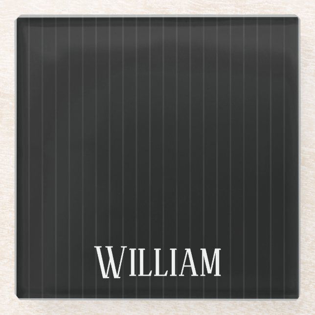 Personalised black pinstripes glass coaster (Front)