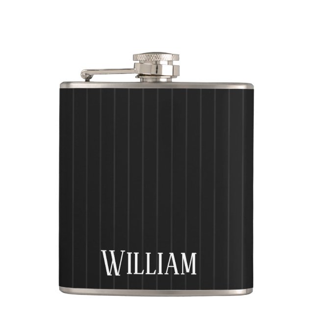 Personalised black pinstripes hip flask (Front)
