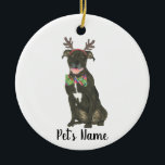 Personalised Black Pitbull Staffy Antlers Bowtie Ceramic Ornament<br><div class="desc">Make the nice list this year with an ornament of your favourite pitbull elf! For the sweetest gifts, pair it with a matching art print or another item from my collection for a thoughtful housewarming, bridal shower, teacher, mother-in-law, husband, boyfriend, secret santa, sympathy, or tough-to-shop-for gift! To see more work...</div>