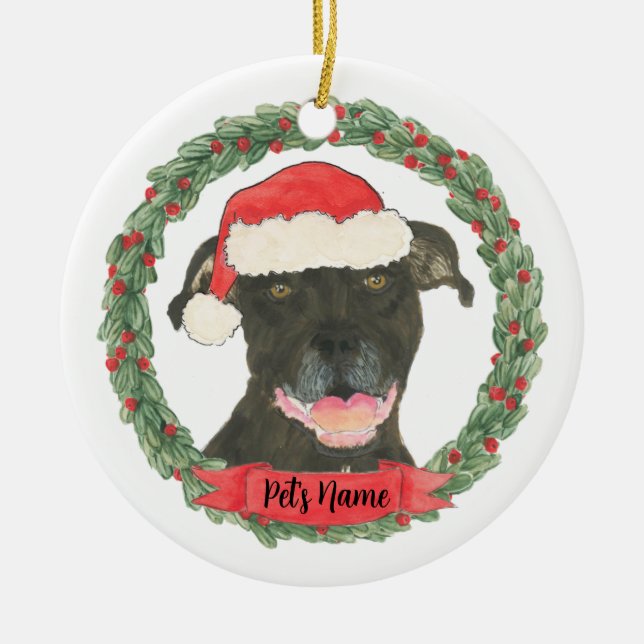 Personalised Black Pitbull Staffy Ceramic Ornament (Front)