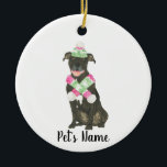 Personalised Black Pitbull Staffy Pink Green Hat Ceramic Ornament<br><div class="desc">Make the nice list this year with an ornament of your favourite pitbull elf! For the sweetest gifts, pair it with a matching art print or another item from my collection for a thoughtful housewarming, bridal shower, teacher, mother-in-law, husband, boyfriend, secret santa, sympathy, or tough-to-shop-for gift! To see more work...</div>