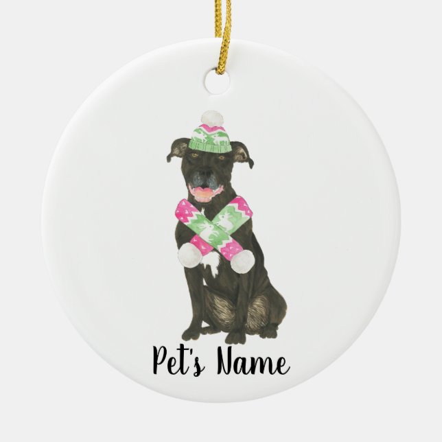 Personalised Black Pitbull Staffy Pink Green Hat Ceramic Ornament (Front)