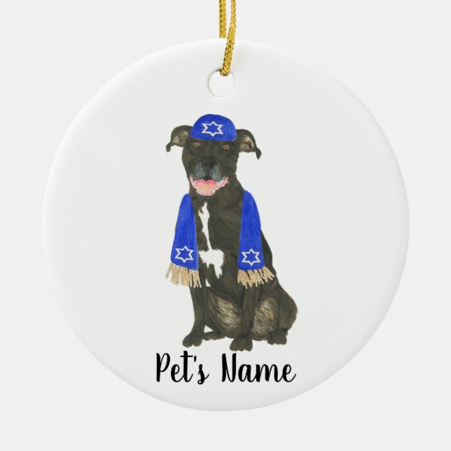 Personalised Black Pitbull Staffy Yarmulke Scarf Ceramic Ornament (Front)
