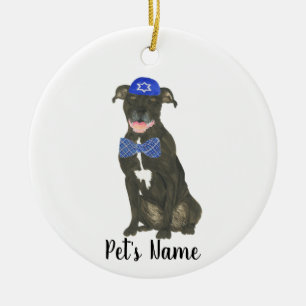 Personalised Black Pitbull Staffy Yarmulke Tie Ceramic Ornament