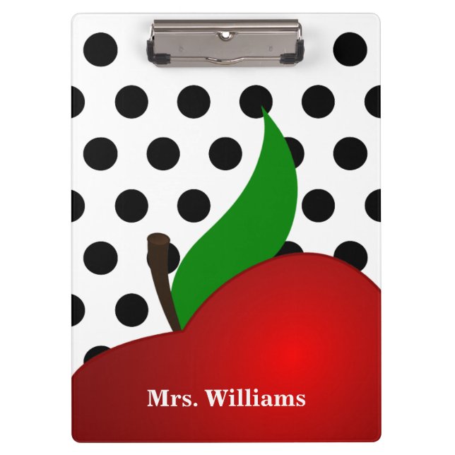 Personalised Black Polka Dot Red Apple Teacher Clipboard (Front)