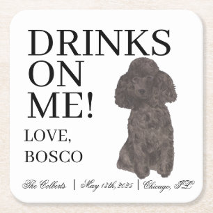 Personalised Black Poodle Dog Wedding Square Paper Coaster