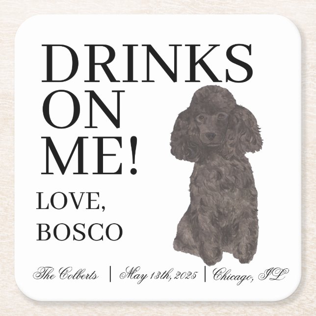 Personalised Black Poodle Dog Wedding Square Paper Coaster (Front)