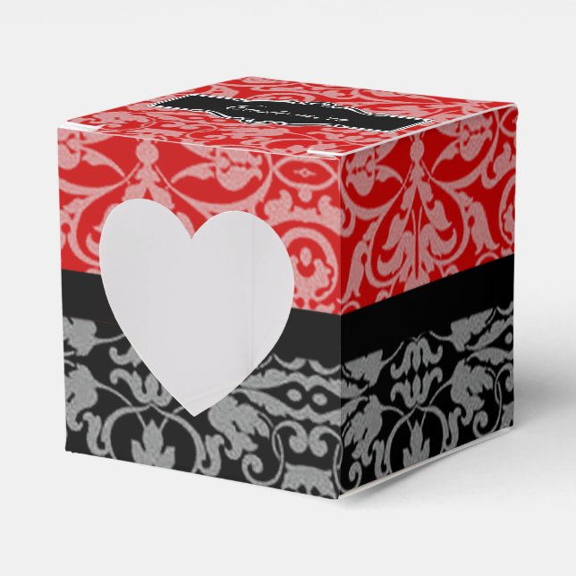 Personalised Black & Red Damask Heart Favour Box 2 (Front Side)