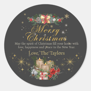 Personalised Black Red Gold Christmas Script Xmas Classic Round Sticker