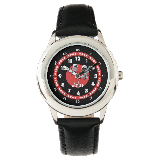 Personalised Black & Red Ninja Hero Hour & Minute Watch (Front)