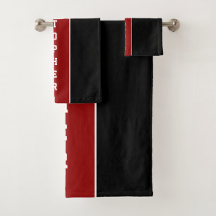 Personalised Black Red Stripe Bath Towel Set