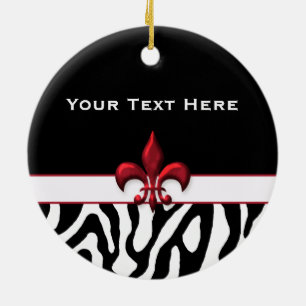 Personalised Black Red Zebra Fleur de Lis Ceramic Tree Decoration