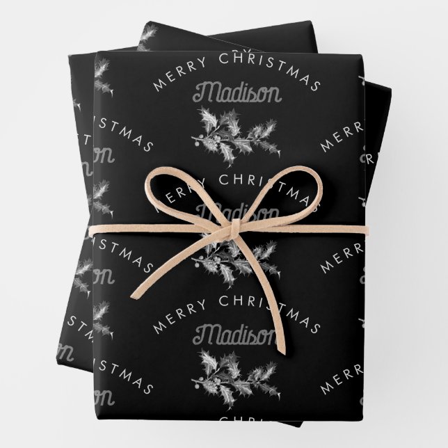 Personalised Black Retro Merry ChristmasMonogram Wrapping Paper Sheet (In situ)
