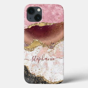 Personalised Black Rose Gold Marble Glitter Agate` iPhone 13 Case
