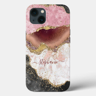 Personalised Black Rose Gold Marble Glitter Agate` iPhone 13 Case