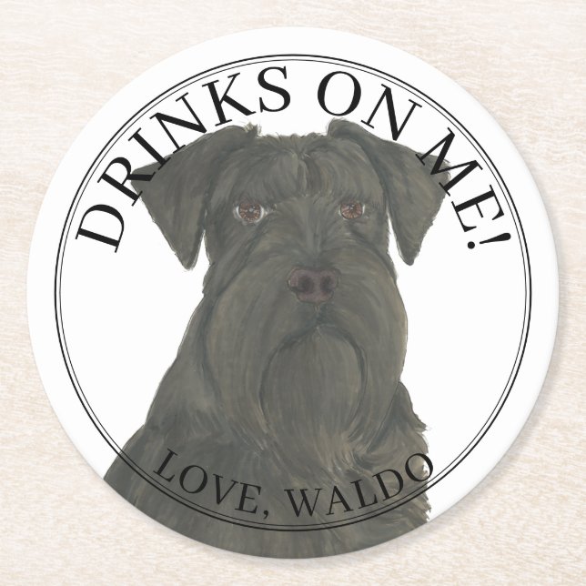 Personalised Black Scnahuzer Dog Wedding Round Paper Coaster (Front)
