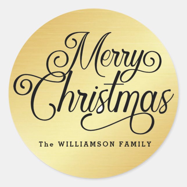 Personalised Black Script on Gold Merry Christmas Classic Round Sticker (Front)