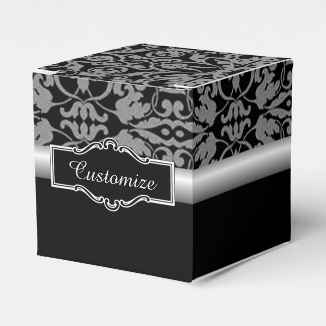 Personalised Black & Silver Damask Cube Favour Box (Front Side)