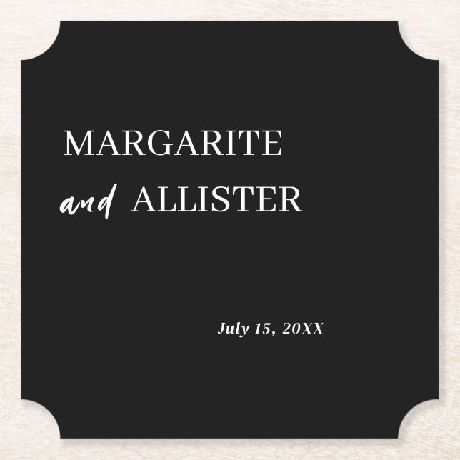 Personalised Black Square Wedding Paper Coaster (Front)