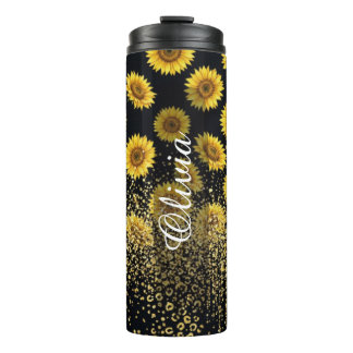 Personalised Black Sunflower Sparkle 16oz Thermal Tumbler