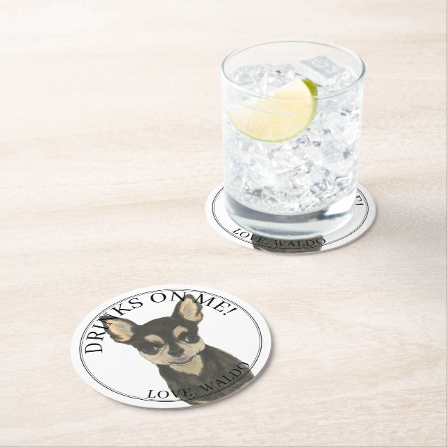 Personalised Black Tan Chihuahua Wedding Round Paper Coaster (Insitu)