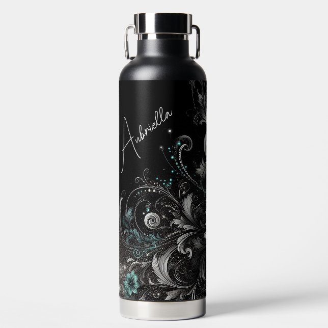 Personalised Black & Teal Glittery Floral Water Bottle (Front)