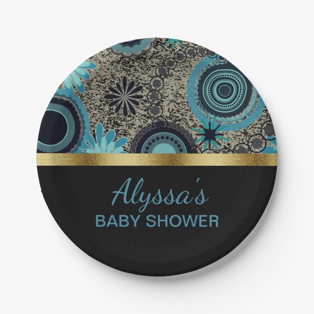 Personalised Black Teal Gold Baby Shower Paper Plate (Front)